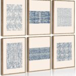 Drsoum Mid-century Boho Geometric Abstract Decor Blue White Grunge Minimalist Bohemian Wall Art Framed Canvas Prints 8"x 10"x 6pcs Natural Framed