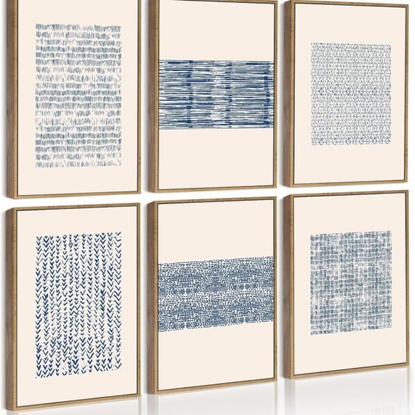 Drsoum Mid-century Boho Geometric Abstract Decor Blue White Grunge Minimalist Bohemian Wall Art Framed Canvas Prints 8"x 10"x 6pcs Natural Framed