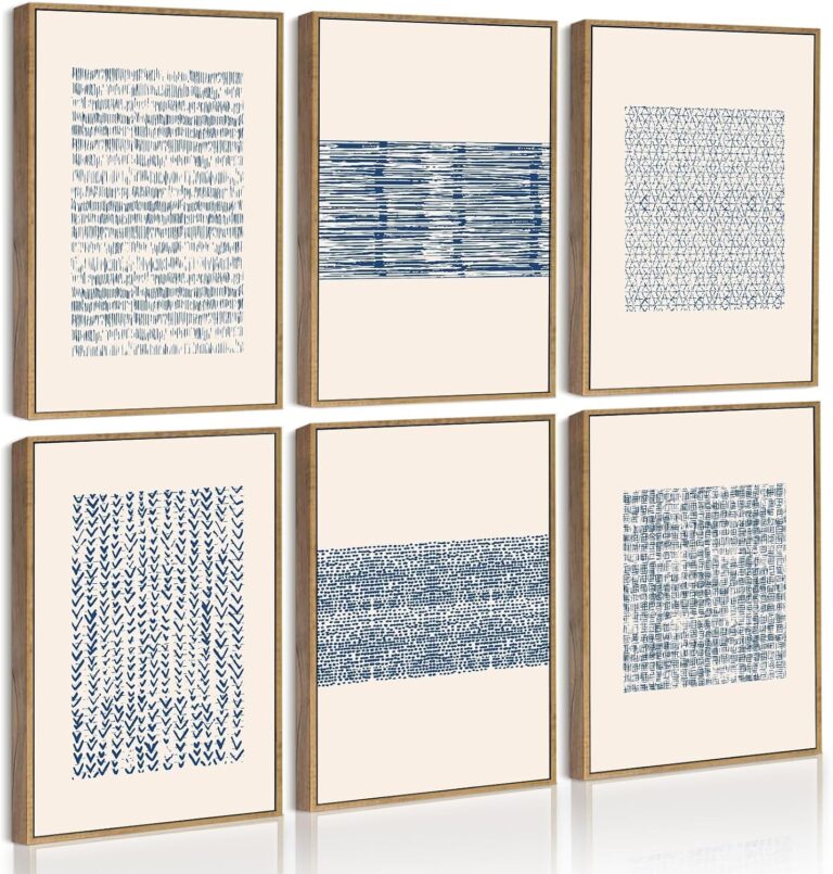 Drsoum Mid-century Boho Geometric Abstract Decor Blue White Grunge Minimalist Bohemian Wall Art Framed Canvas Prints 8"x 10"x 6pcs Natural Framed