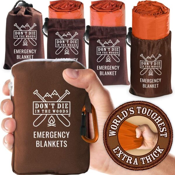Don't Die In The Woods - Worlds Toughest Emergency Blankets [4-Pack] Extra Thick Thermal Mylar Space Blanket - One of The Ten Essentials Outdoor Survival Gear Hiking Camping First Aid Kit (Orange)