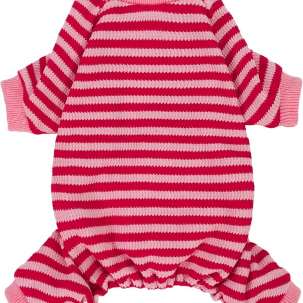 Fitwarm Pink and Red Striped Dog Pajamas, Waffle Dog Clothes for Small Dogs Girl Boy, Puppy Onesie with Feet, Pet Cat Outfit, Medium
