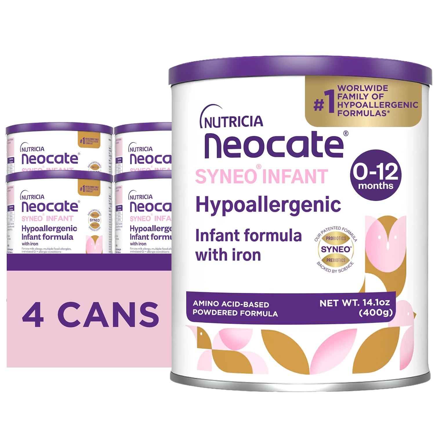 Neocate Syneo Infant - Hypoallergenic, Dairy-free, Amino Acid-Based Baby Formula with Prebiotic Fiber, Probiotics & DHA/ARA - Food Allergy-Friendly Formula - 14.1 oz (Pack of 4) Neocate Syneo Infant - Hypoallergenic, Dairy-free, Amino Acid-Based Baby Formula with Prebiotic Fiber, Probiotics & DHA/ARA - Food Allergy-Friendly Formula - 14.1 oz (Pack of 4)