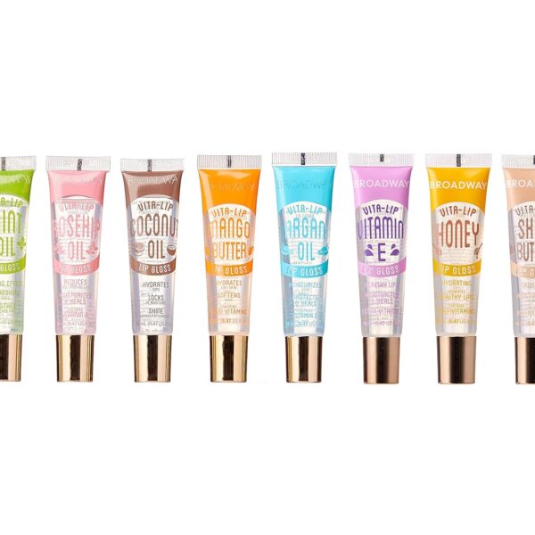 Ruby Kisses Broadway Vita-Lip Clear Lip Gloss (8 Pack), Ultra-Hydrating & Soothing Formula with Vitamins, High-Shine Non-Sticky Finish Lip Balm with Mint, Rosehip, Coconut, Mango, Argan, Honey, Shea