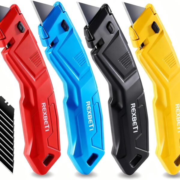 REXBETI 4-Pack Utility Knife, Heavy Duty Aluminum Shell Retractable Box Cutter for Cartons, Cardboard and Boxes, Extra 10 Blades Included