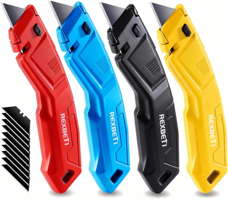 REXBETI 4-Pack Utility Knife, Heavy Duty Aluminum Shell Retractable Box Cutter for Cartons, Cardboard and Boxes, Extra 10 Blades Included