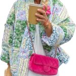 Womens Cropped Quilted Lightweight Jackets Floral Printed Open Front Puffer Coat Cardigan