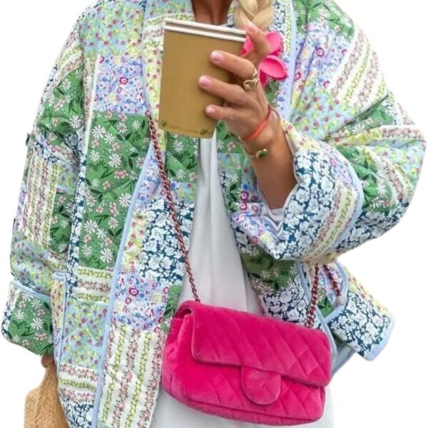 Womens Cropped Quilted Lightweight Jackets Floral Printed Open Front Puffer Coat Cardigan