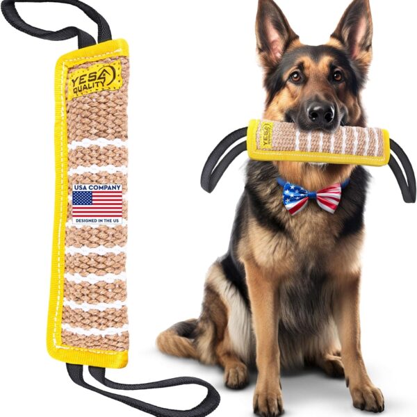 Dog Bite Tug Toy 12 x 3.2 Inches - Durable Pull Toy with 2 Soft & Strong Handles - Tough Jute Bite Pillow for Medium to Large Dogs - Ideal for Tug of War, Fetch, K9, Puppy Training & Interactive Play