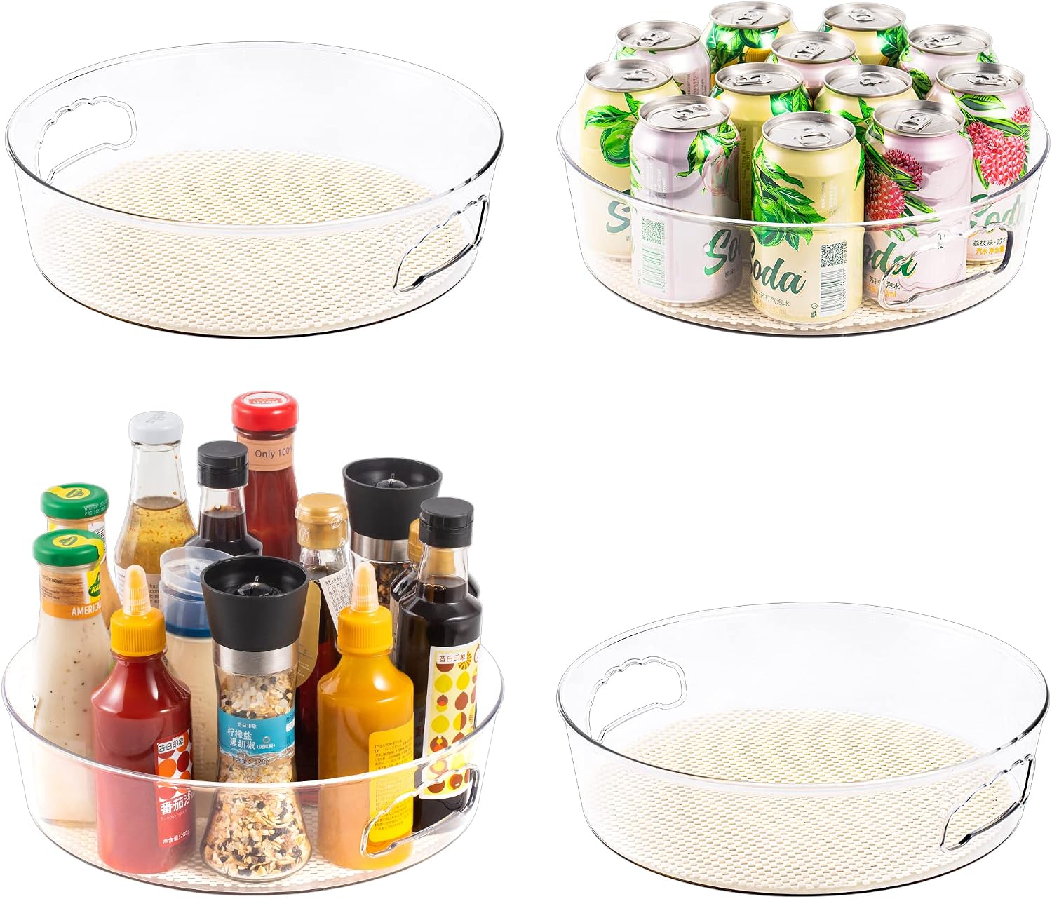 4 Pack Lazy Susan Organizer with Non-Skid Liners, 12-inch Spinning Turntable with Handle, Spice and Refrigerator Organizers, Pantry Organizers and Storage, Round 4 Pack Lazy Susan Organizer with Non-Skid Liners, 12-inch Spinning Turntable with Handle, Spice and Refrigerator Organizers, Pantry Organizers and Storage, Round