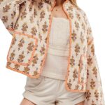 Women's Floral Quilted Jackets Cropped Open Front Lightweight Short Padded Puffer Coat