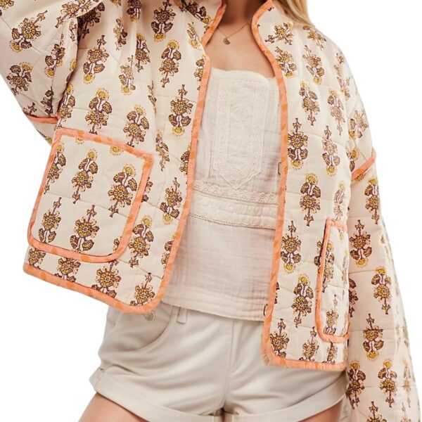 Women's Floral Quilted Jackets Cropped Open Front Lightweight Short Padded Puffer Coat