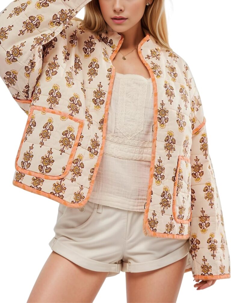 Women's Floral Quilted Jackets Cropped Open Front Lightweight Short Padded Puffer Coat