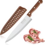 OLULU 8 inch Chef Knife, Razor Sharp Kitchen Knife with Protective Knife Sheath, Razor Sharp Slicing Knife with Ergonomic Handle, German Stainless Steel, Dishwasher Safe (Brown Color)