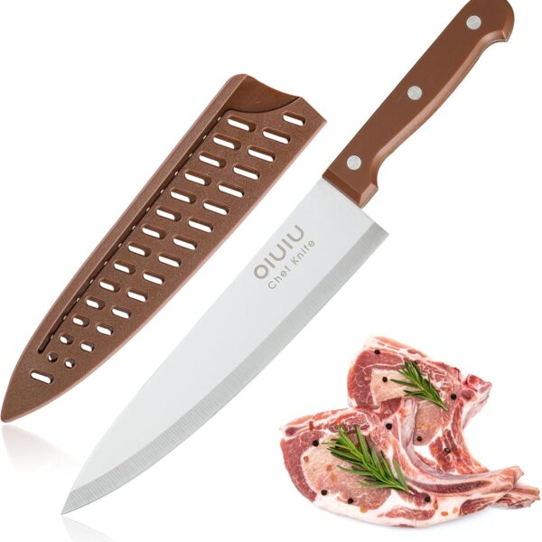 OLULU 8 inch Chef Knife, Razor Sharp Kitchen Knife with Protective Knife Sheath, Razor Sharp Slicing Knife with Ergonomic Handle, German Stainless Steel, Dishwasher Safe (Brown Color)