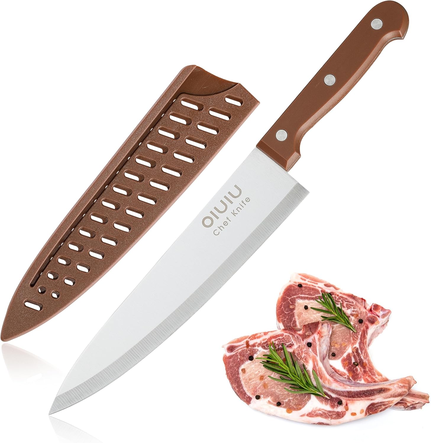 OLULU 8 inch Chef Knife, Razor Sharp Kitchen Knife with Protective Knife Sheath, Razor Sharp Slicing Knife with Ergonomic Handle, German Stainless Steel, Dishwasher Safe (Brown Color) OLULU 8 inch Chef Knife, Razor Sharp Kitchen Knife with Protective Knife Sheath, Razor Sharp Slicing Knife with Ergonomic Handle, German Stainless Steel, Dishwasher Safe (Brown Color)
