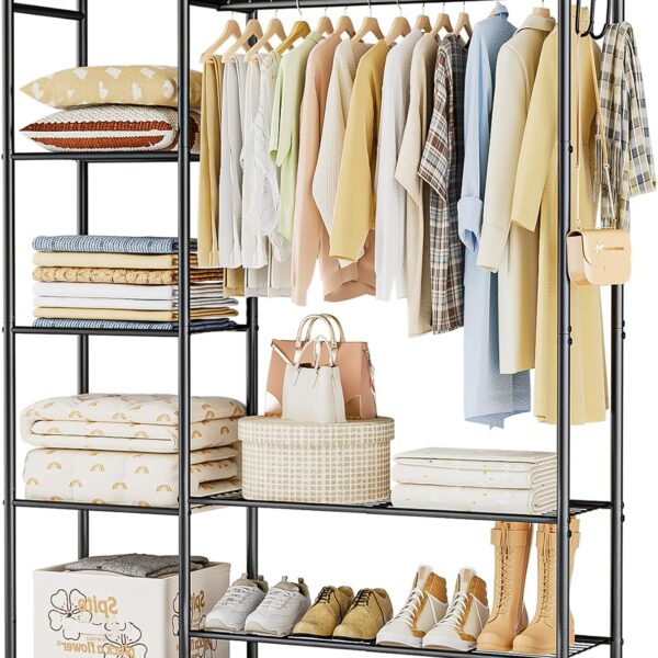 Neprock Wardrobe Closet, Portable Clothing Rack for Hanging Clothes, Free Standing Closet Organizers and Storage System with 4 Tiers Shelves for Cloakroom Bedroom, Black
