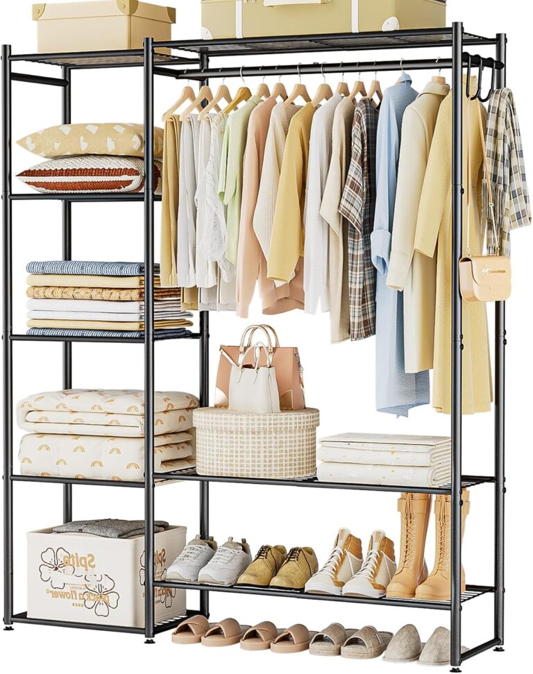 Neprock Wardrobe Closet, Portable Clothing Rack for Hanging Clothes, Free Standing Closet Organizers and Storage System with 4 Tiers Shelves for Cloakroom Bedroom, Black