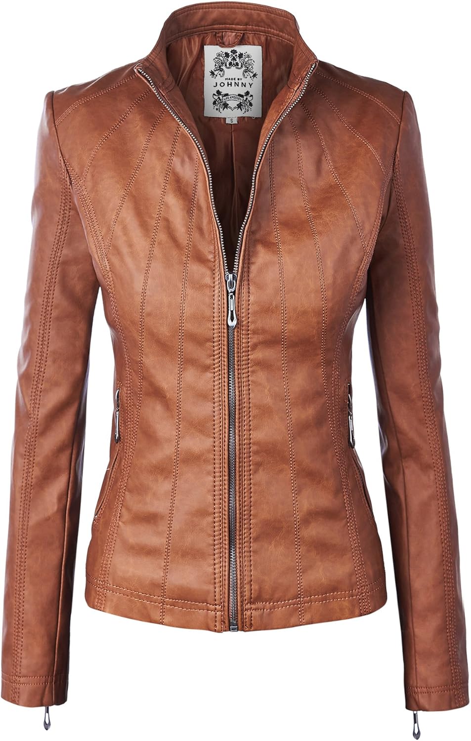 Made By Johnny MBJ Womens Faux Leather Zip Up Moto Biker Jacket with Stitching Detail Made By Johnny MBJ Womens Faux Leather Zip Up Moto Biker Jacket with Stitching Detail