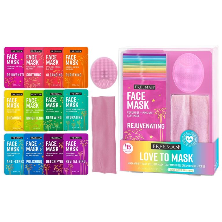 Freeman 14 Piece Love To Mask Variety Pack, Facial Masks For All Skin Types, Hydrate, Detoxify, & Clear Skin, Exfoliating Scrub, Bonus Headband and Skin Buffer, Face Masks Are Cruelty-Free & Vegan