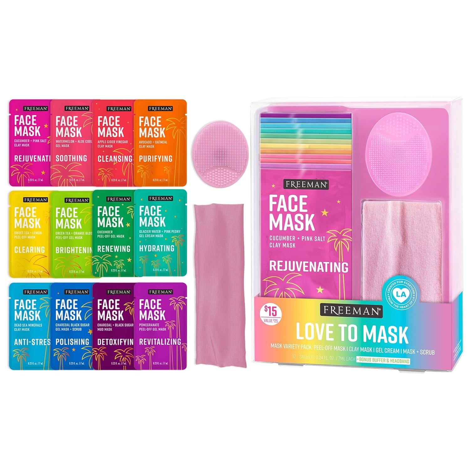 Freeman 14 Piece Love To Mask Variety Pack, Facial Masks For All Skin Types, Hydrate, Detoxify, & Clear Skin, Exfoliating Scrub, Bonus Headband and Skin Buffer, Face Masks Are Cruelty-Free & Vegan Freeman 14 Piece Love To Mask Variety Pack, Facial Masks For All Skin Types, Hydrate, Detoxify, & Clear Skin, Exfoliating Scrub, Bonus Headband and Skin Buffer, Face Masks Are Cruelty-Free & Vegan