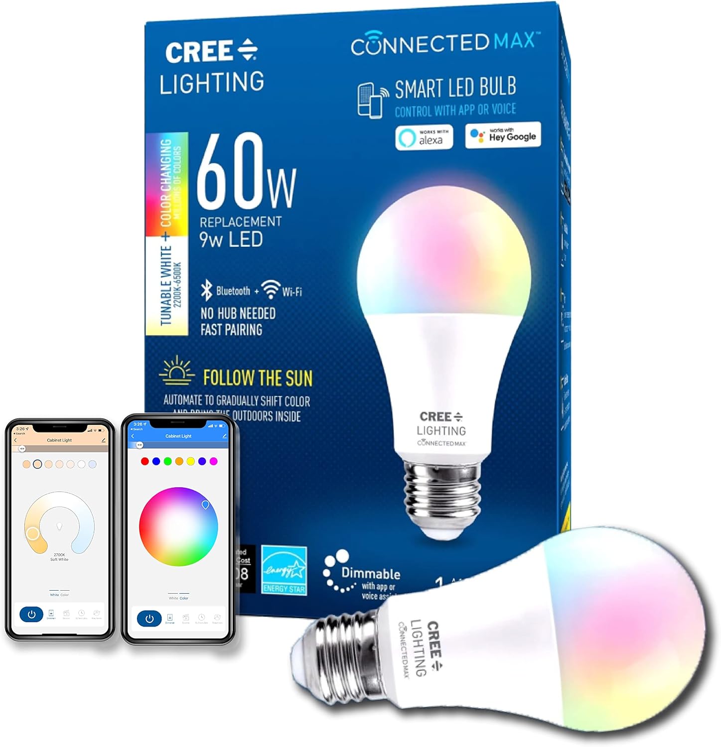Cree Lighting Connected Max Smart Led Bulb A19 60W Tunable White + Color Changing, 2.4 Ghz, Works with Alexa and Google Home, No Hub Required, Bluetooth + WiFi, 1Pk Cree Lighting Connected Max Smart Led Bulb A19 60W Tunable White + Color Changing, 2.4 Ghz, Works with Alexa and Google Home, No Hub Required, Bluetooth + WiFi, 1Pk