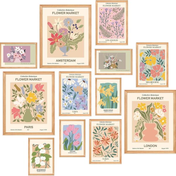 Dazoratix Flower Market Wall Prints - 12 PCs Matisse Room Decor Aesthetic Vintage Floral Collage Kit Nature Posters Art for Teen Dorm Office Girls gallery Bedroom Pastel Botanical Decorations Unframed