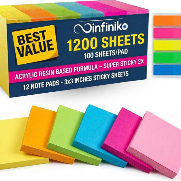 Sticky Notes 3x3 (12 Pads / 1200 Sheets)  2026 Improved Adhesive, Very Very Sticky & Bright Neon Colors  Perfect for School, Office & Desk Supplies