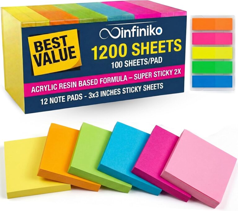 Sticky Notes 3x3 (12 Pads / 1200 Sheets)  2026 Improved Adhesive, Very Very Sticky & Bright Neon Colors  Perfect for School, Office & Desk Supplies