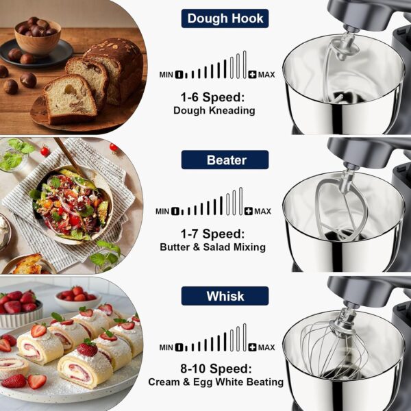 Camic Stand Mixer, Grey, 4.2QT+5.3QT Two Bowls Electric Food Mixer | 10 Speeds with Digital Setting, 3-in-1 Kitchen Mixer, Egg Whisk, Dough Hook, Flat Beater, For Baking Cakes Cookie Bread Salad