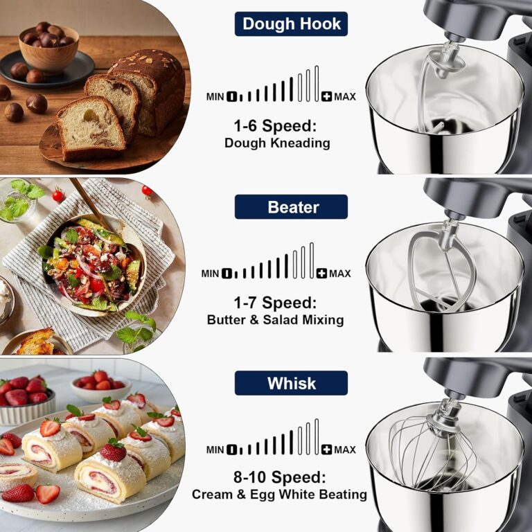 Camic Stand Mixer, Grey, 4.2QT+5.3QT Two Bowls Electric Food Mixer | 10 Speeds with Digital Setting, 3-in-1 Kitchen Mixer, Egg Whisk, Dough Hook, Flat Beater, For Baking Cakes Cookie Bread Salad