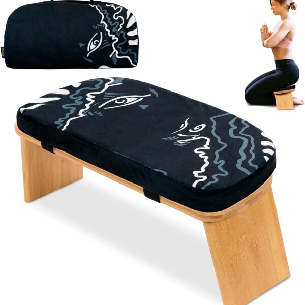 Zaveur Bamboo Meditation Bench with Cushion - Foldable Bench for Multiple Seating Angles - Kneeling Chair Meditation Stool - Yoga Chair Prayer Bench for Deeper and Longer Meditation - Black
