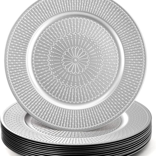 DEAYOU 12 Pack Silver Charger Plate, 13-inch Beaded Chargers for Dinner Plates, Plastic Reusable Round Charger Platters for Wedding, Party, Event, Table Setting, Decoration, Holiday