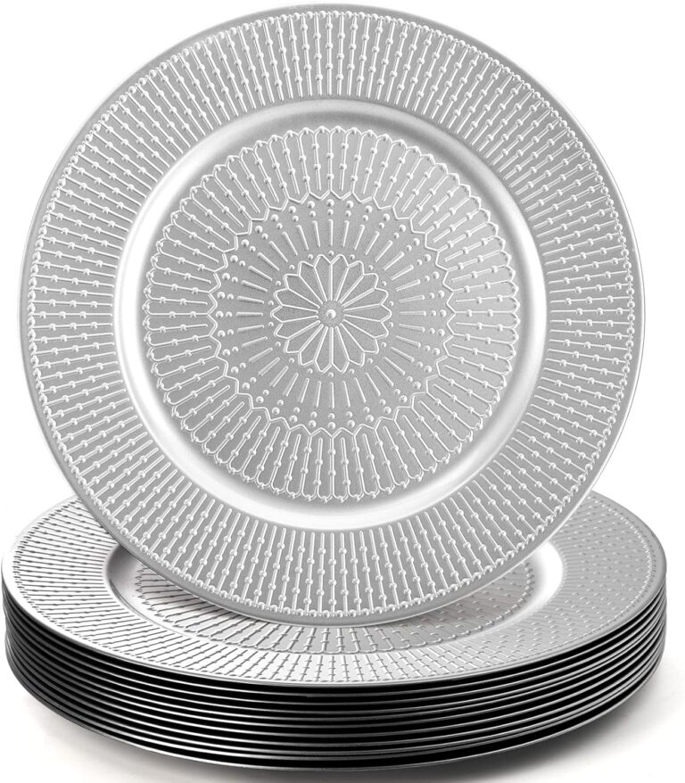 DEAYOU 12 Pack Silver Charger Plate, 13-inch Beaded Chargers for Dinner Plates, Plastic Reusable Round Charger Platters for Wedding, Party, Event, Table Setting, Decoration, Holiday