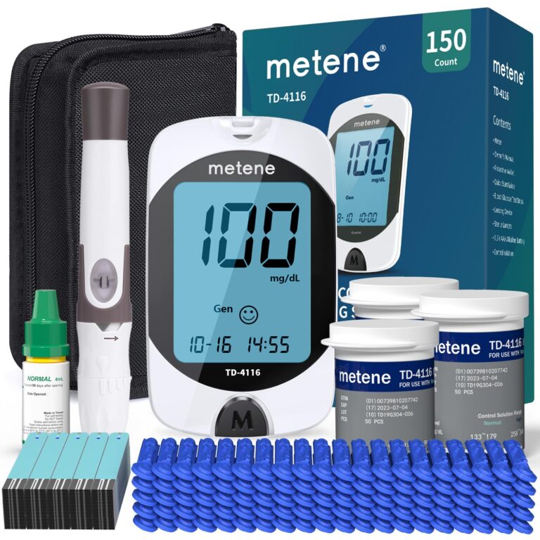 Metene TD-4116 Blood Glucose Monitor Kit, 150 Glucometer Strips, 150 Lancets, 1 Blood Sugar Monitor, Blood Sugar Test Kit with Control Solution, Lancing Device, No Coding, Large Display | 150 Lancets & Control Solution & Lancing Device, Blood Sugar Monitor Large Display , Blood Sugar Test Kit for Home Use