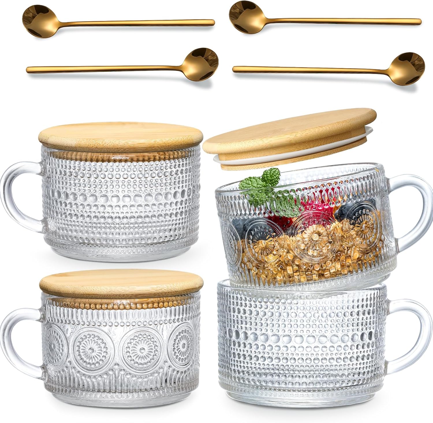LANDNEOO 4pcs Set Vintage Coffee Mugs gifts for women, Overnight Oats Containers with Bamboo Lids and Spoons - 14oz Clear Embossed Glass Cups, Cute Coffee Bar Accessories, Iced Coffee Glasses LANDNEOO 4pcs Set Vintage Coffee Mugs gifts for women, Overnight Oats Containers with Bamboo Lids and Spoons - 14oz Clear Embossed Glass Cups, Cute Coffee Bar Accessories, Iced Coffee Glasses