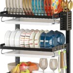 PUSDON 3 Tier Wall Mounted Dish Drying Rack, Black Rustproof Hanging Dish Drainer Organizer with Utensil Holder & Removable Drainboards, Adjustable Heavy Duty Kitchen Space Saver