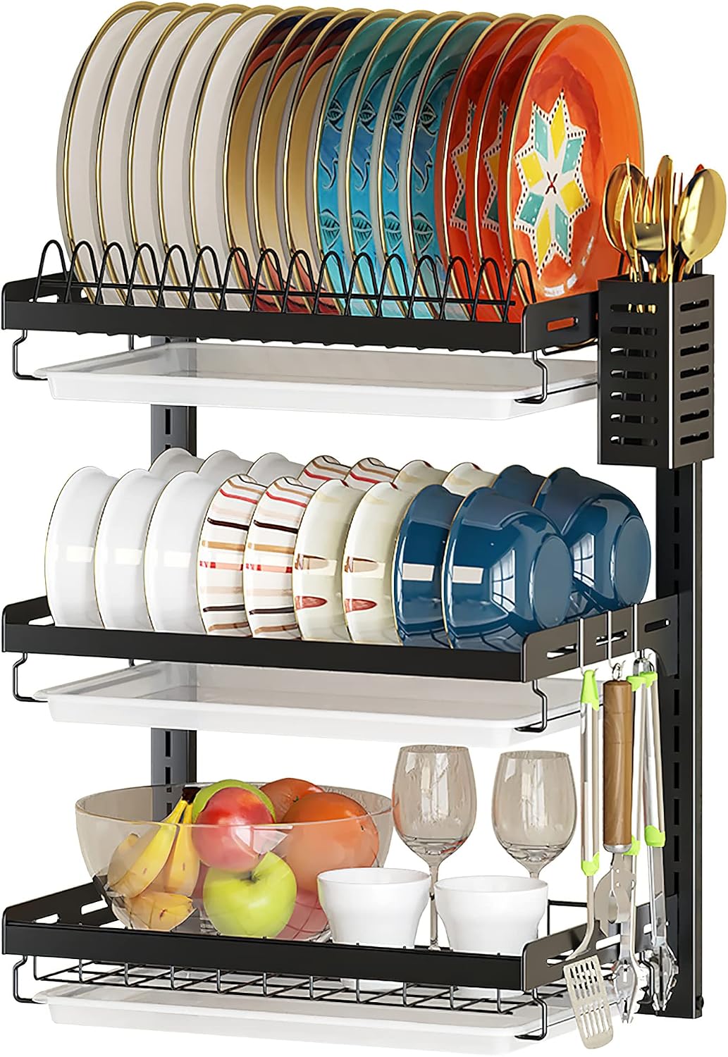 PUSDON 3 Tier Wall Mounted Dish Drying Rack, Black Rustproof Hanging Dish Drainer Organizer with Utensil Holder & Removable Drainboards, Adjustable Heavy Duty Kitchen Space Saver PUSDON 3 Tier Wall Mounted Dish Drying Rack, Black Rustproof Hanging Dish Drainer Organizer with Utensil Holder & Removable Drainboards, Adjustable Heavy Duty Kitchen Space Saver