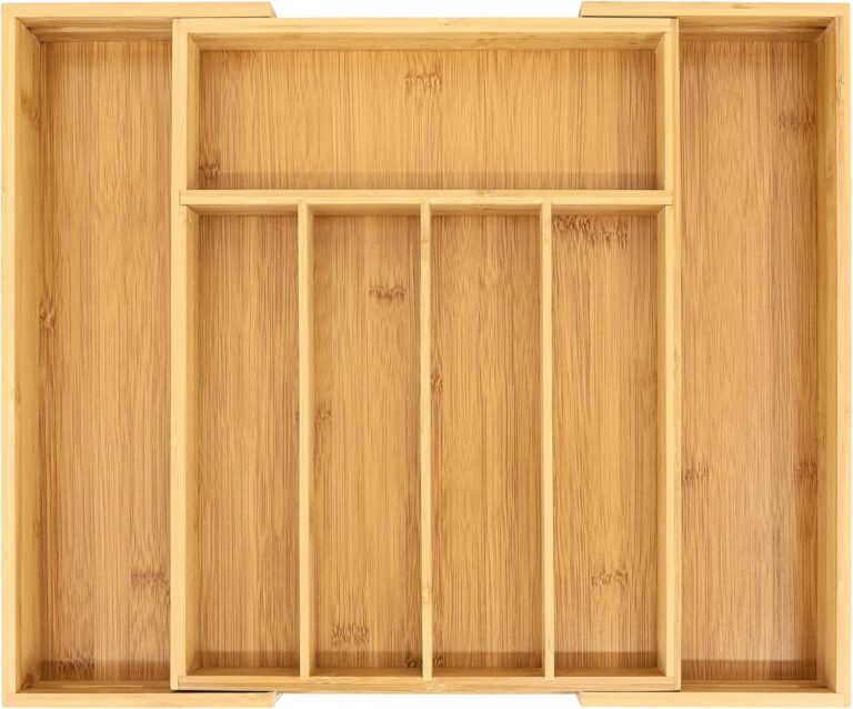 VaeFae Bamboo Drawer Organizer, Expandable Silverware Drawer Organizer, Cutlery Tray with Dividers for Kitchen Utensils, Medium