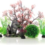 JIH Aquarium Fish Tank Plastic Plants and Cave Rock Decorations Decor Set 7 Pieces, Small and Large Artificial Fish Tank Plants with Cave Rock (CU89Red-7)