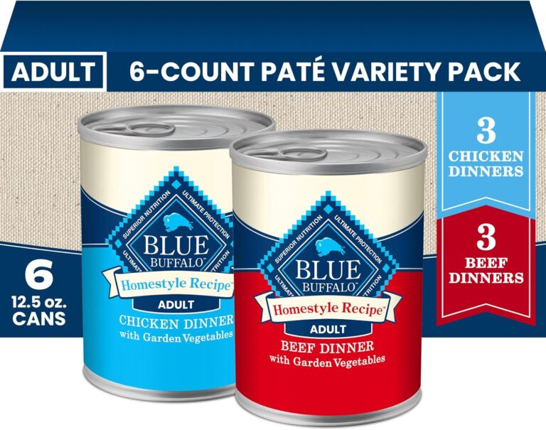 Blue Buffalo Homestyle Recipe Wet Dog Food Pat Variety Pack, Chicken Dinner & Beef Dinner with Garden Vegetables, Made with Natural Ingredients, 12.5-oz. Can (6 Count, 3 of Each)