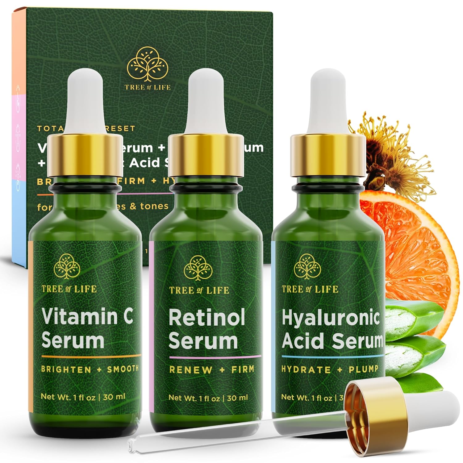 Tree of Life Face Serum Set - Vitamin C, Retinol & Hyaluronic Acid for Brightening, Firming & Hydrating - Anti Aging Skin Care Set - Dermatologist Tested - 1 Fl Oz (Pack of 3) Tree of Life Face Serum Set - Vitamin C, Retinol & Hyaluronic Acid for Brightening, Firming & Hydrating - Anti Aging Skin Care Set - Dermatologist Tested - 1 Fl Oz (Pack of 3)
