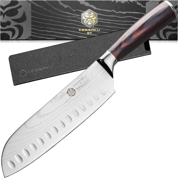 KESSAKU Santoku Knife - 7 inch - Samurai Series - Razor Sharp Kitchen Knife - Forged 7Cr17MoV High Carbon Stainless Steel - Wood Handle with Blade Guard