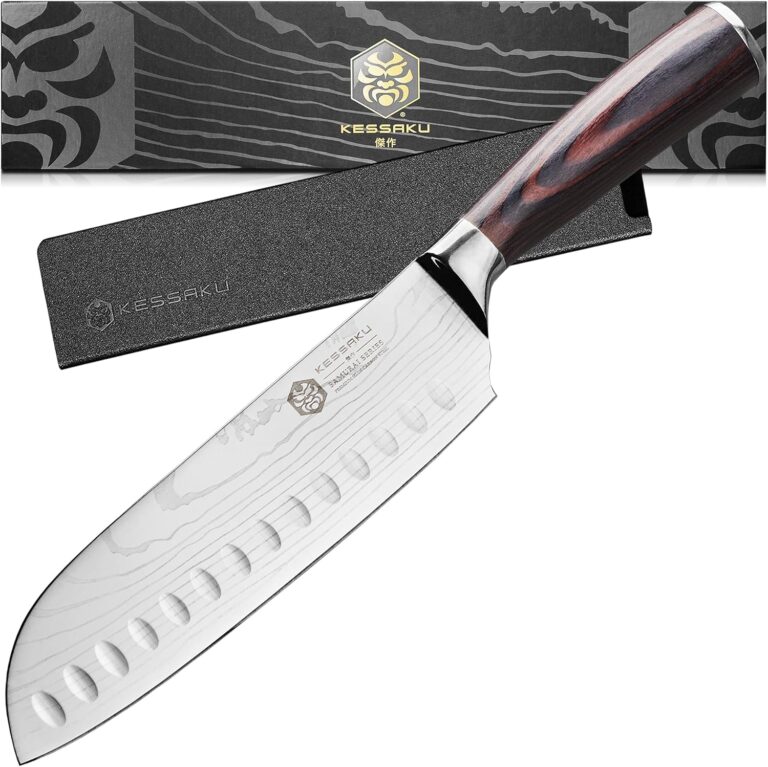 KESSAKU Santoku Knife - 7 inch - Samurai Series - Razor Sharp Kitchen Knife - Forged 7Cr17MoV High Carbon Stainless Steel - Wood Handle with Blade Guard