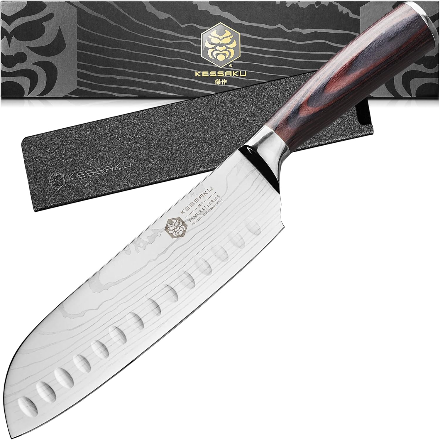 KESSAKU Santoku Knife - 7 inch - Samurai Series - Razor Sharp Kitchen Knife - Forged 7Cr17MoV High Carbon Stainless Steel - Wood Handle with Blade Guard KESSAKU Santoku Knife - 7 inch - Samurai Series - Razor Sharp Kitchen Knife - Forged 7Cr17MoV High Carbon Stainless Steel - Wood Handle with Blade Guard
