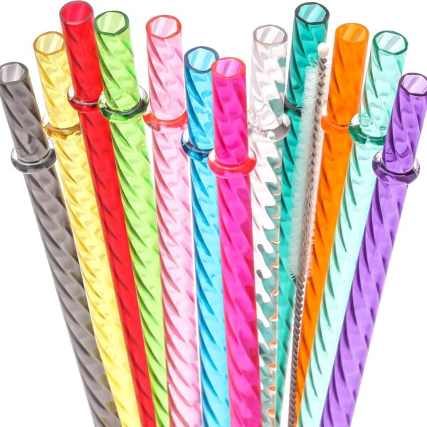 Dakoufish 12 Inch Reusable Clear Plastic Swirl Drinking Straws for Stanley 30 oz & 40 oz Jars/Tumblers,Set of 12 Pcs Replacement Straws with Cleaning Brush (12inch,12color)