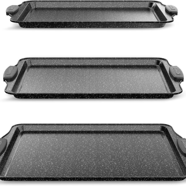 BAKKEN Cookie Sheets for Baking Nonstick Set - 3-Piece Stackable Carbon Steel Baking Sheet Pans Set with Silicone Handles, Non Toxic Cookie Sheets for Baking Bakeware Set - Gray Marble