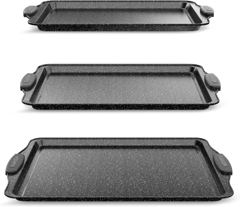 BAKKEN Cookie Sheets for Baking Nonstick Set - 3-Piece Stackable Carbon Steel Baking Sheet Pans Set with Silicone Handles, Non Toxic Cookie Sheets for Baking Bakeware Set - Gray Marble