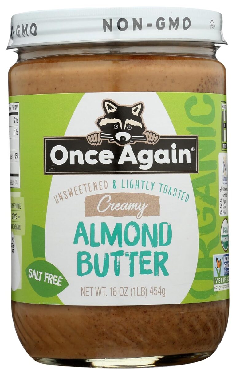 Once Again Creamy Organic Almond Butter No Sugar, Lightly Toasted - Single Ingredient Nut Butter, No Palm Oil, No Salt - Glass Jar, Non-GMO, Gluten Free, Vegan, 16 oz Glass Jar