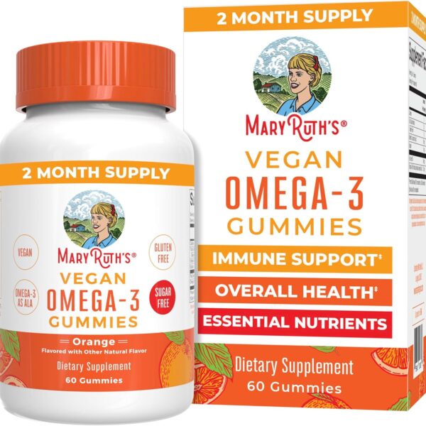MARYRUTH'S Vegan Omega 3 Gummies for Adults | 2 Month Supply | Sugar Free Supplement with Vitamin C | Flaxseed Oil Immune Support | Overall Wellness | No Fish Taste | 60 Count