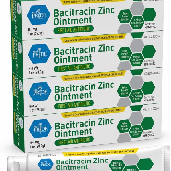 MED PRIDE Bacitracin Zinc Ointment, 4 Pack of 1 oz Tubes  Bulk First Aid Antibiotic Ointment for Cuts, Scrapes, Minor Burns & Wounds  Infection Prevention & Skin Healing Protection